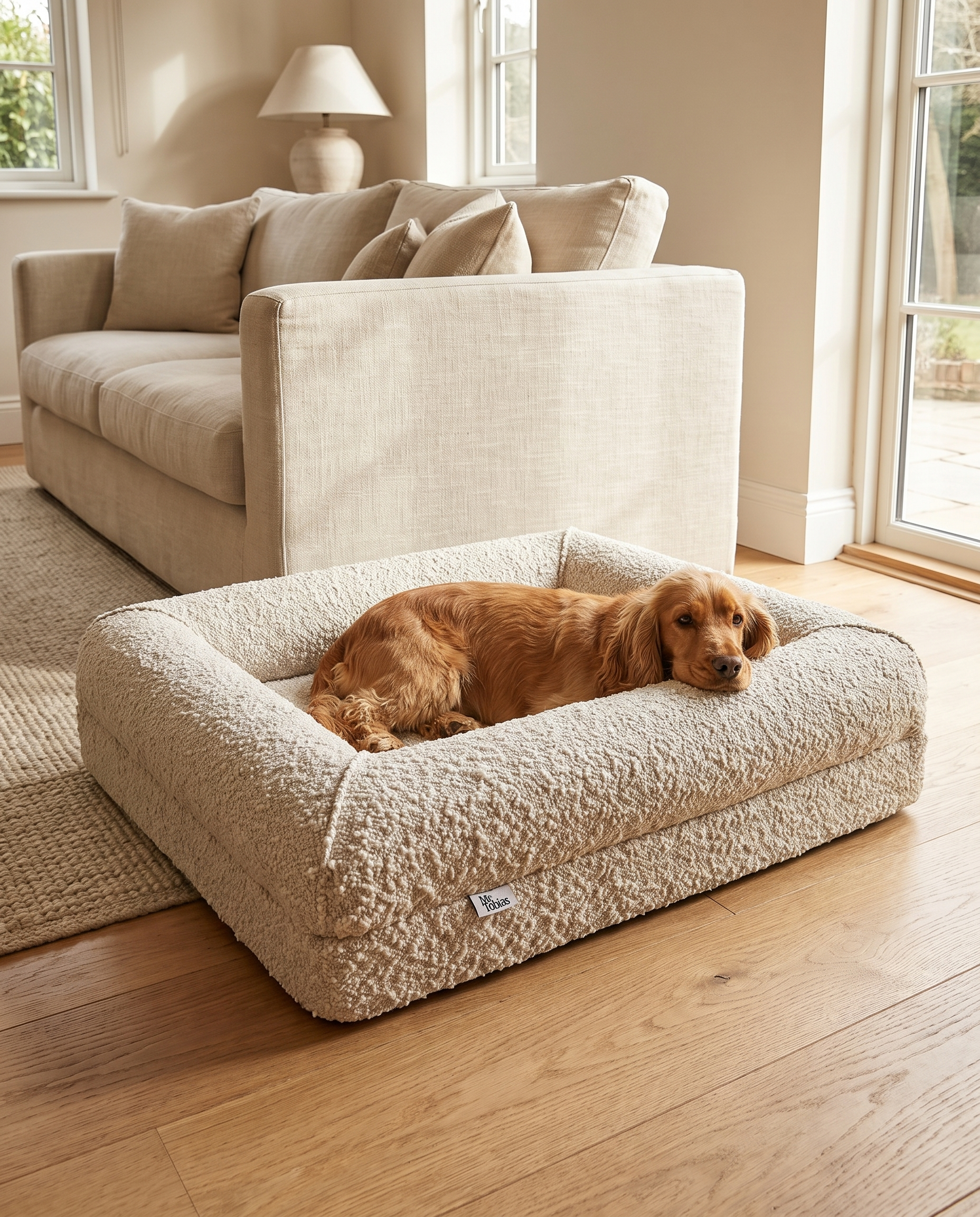 Alternative colourway of the Chelsea bed in a warm stone bouclé